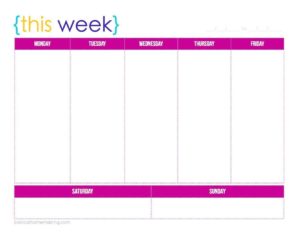 A colorful, printable, weekly planner that features the 5 days of the week at top, and the 2 weekend days at the bottom