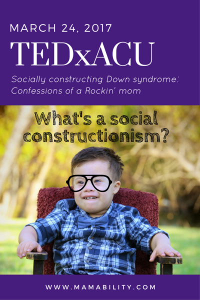 A graphic that includes the date of the TEDxACU talk and a picture of Everett with hipster classes on, posing the question -- What's a social constructionism? The date of the talk is March 24, 2017.