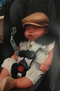 Baby Everett all dressed up in his baby dedication ensemble with included coordinating deck shoes, newsboy cap, overall/bloomers, and button-up shirt