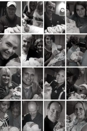 A photo collage of 16 of Cara and Vic's family members. Each person is holing Everett and smiling or admiring him. Everyone rejoiced when he was born.