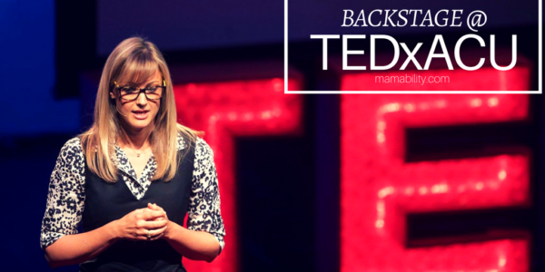 Twitter flyer with a photo taken of me speaking during the TEDx talk, titled "Backstage @ TEDxACU."