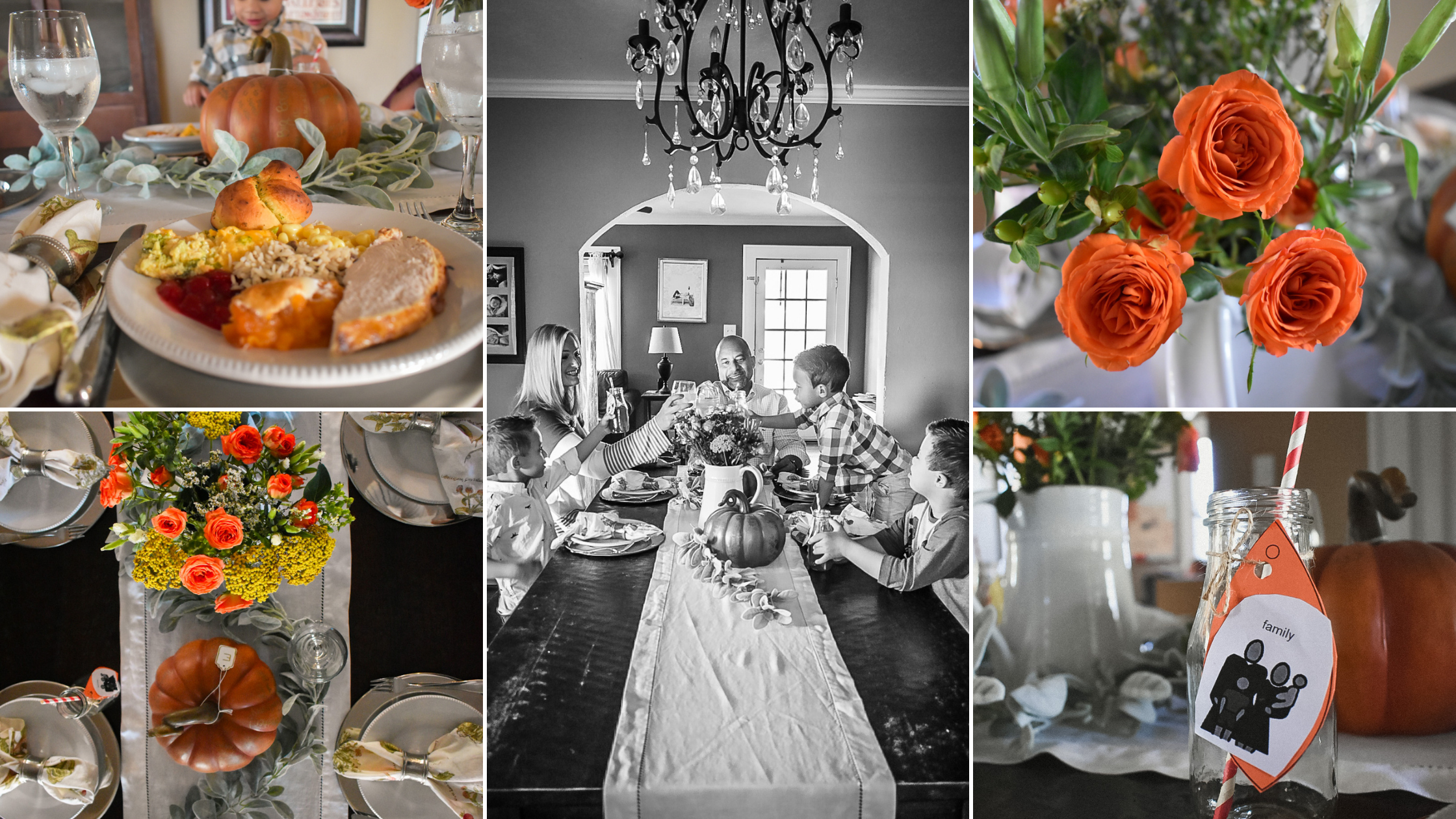 A family toasting their first Thanksgiving as a family of 5, a photo of the Thanksgiving meal, the tablescape, a beautiful orange floral arrangement, and table decor with kid's artwork that says "family"
