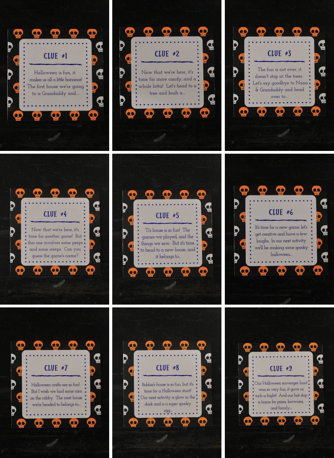 Scavenger hunt cards made from Canva with clues for the Halloween 2020 hunt.