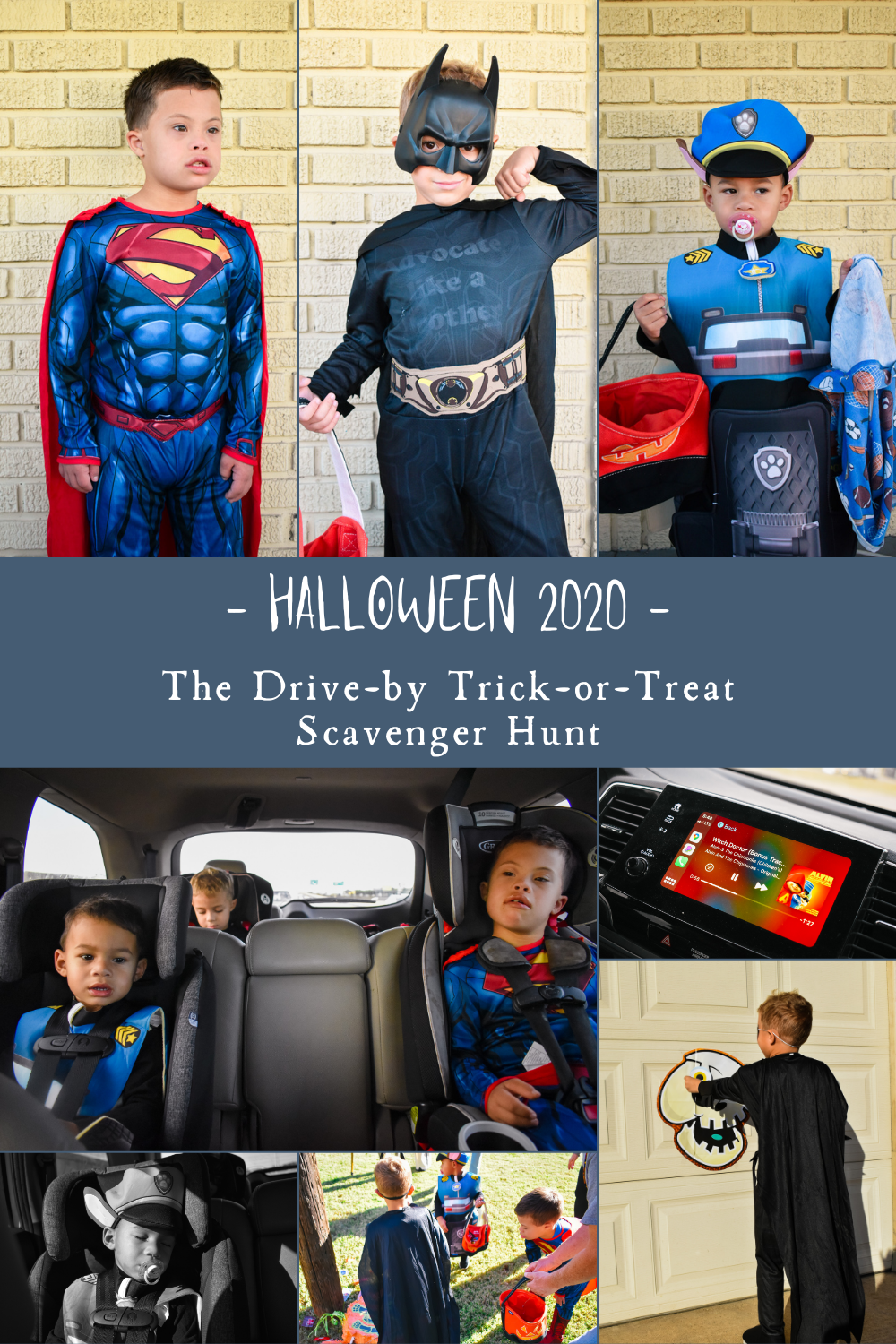 Graphic of three little boys in Chase costume, batman costume, superman costume, and pics of them riding in car on Halloween scavenger hunt, and of them cracking a pinata and playing games